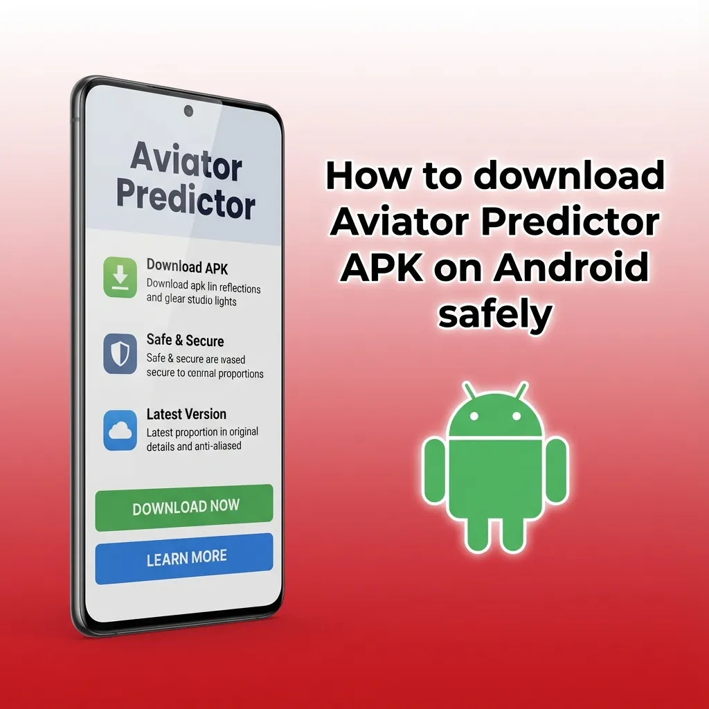 Android user downloading Aviator Predictor APK with warning icons about malware risk and safety steps on screen