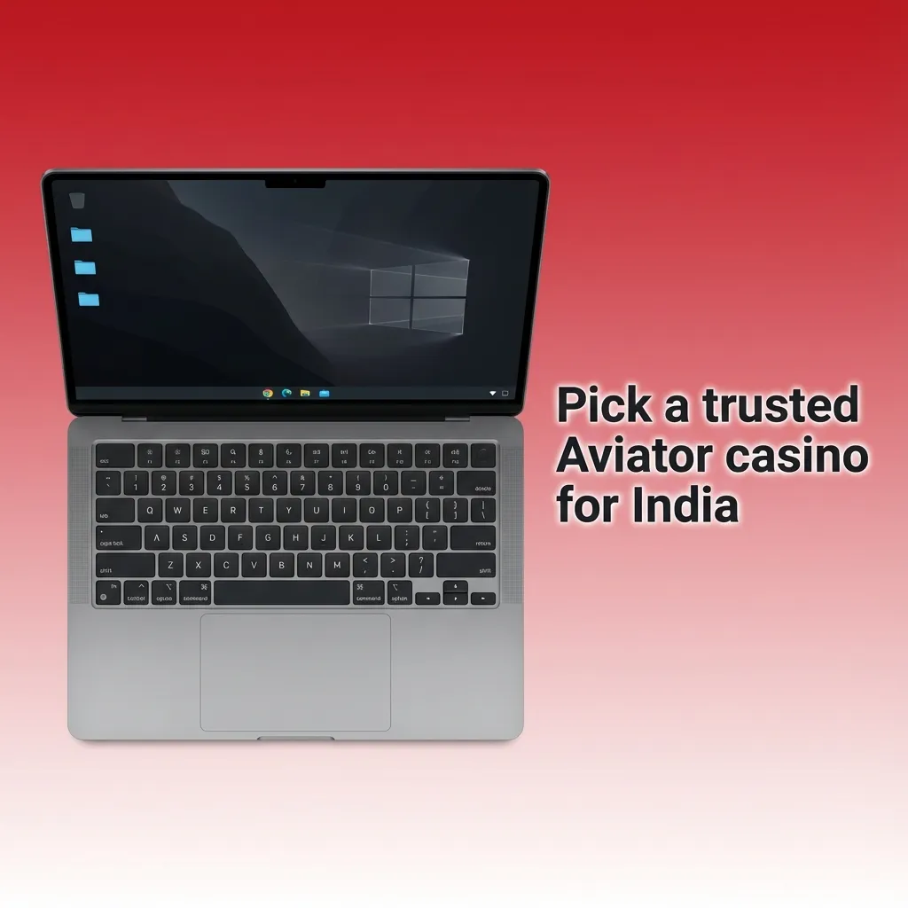 Illustration of Aviator game on a laptop, highlighting Indian payment icons and trusted casino security badges