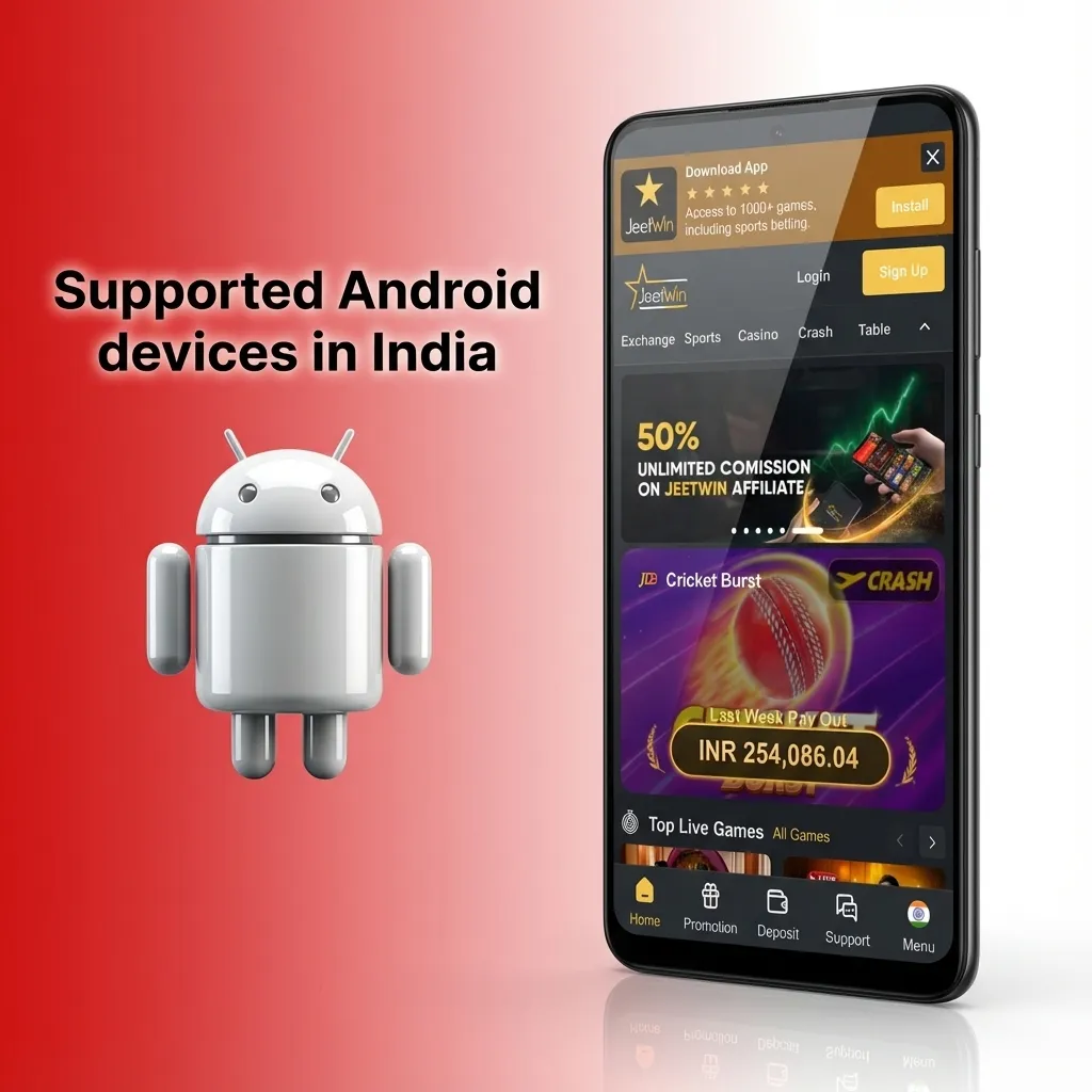 Graphic listing supported Android phones in India across budget, mid‑range and flagship tiers for smooth Aviator Jeetwin play