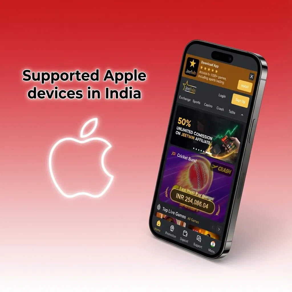 Graphic showing supported Apple iPhones and iPads in India for Jeetwin Aviator on iOS 12 and newer