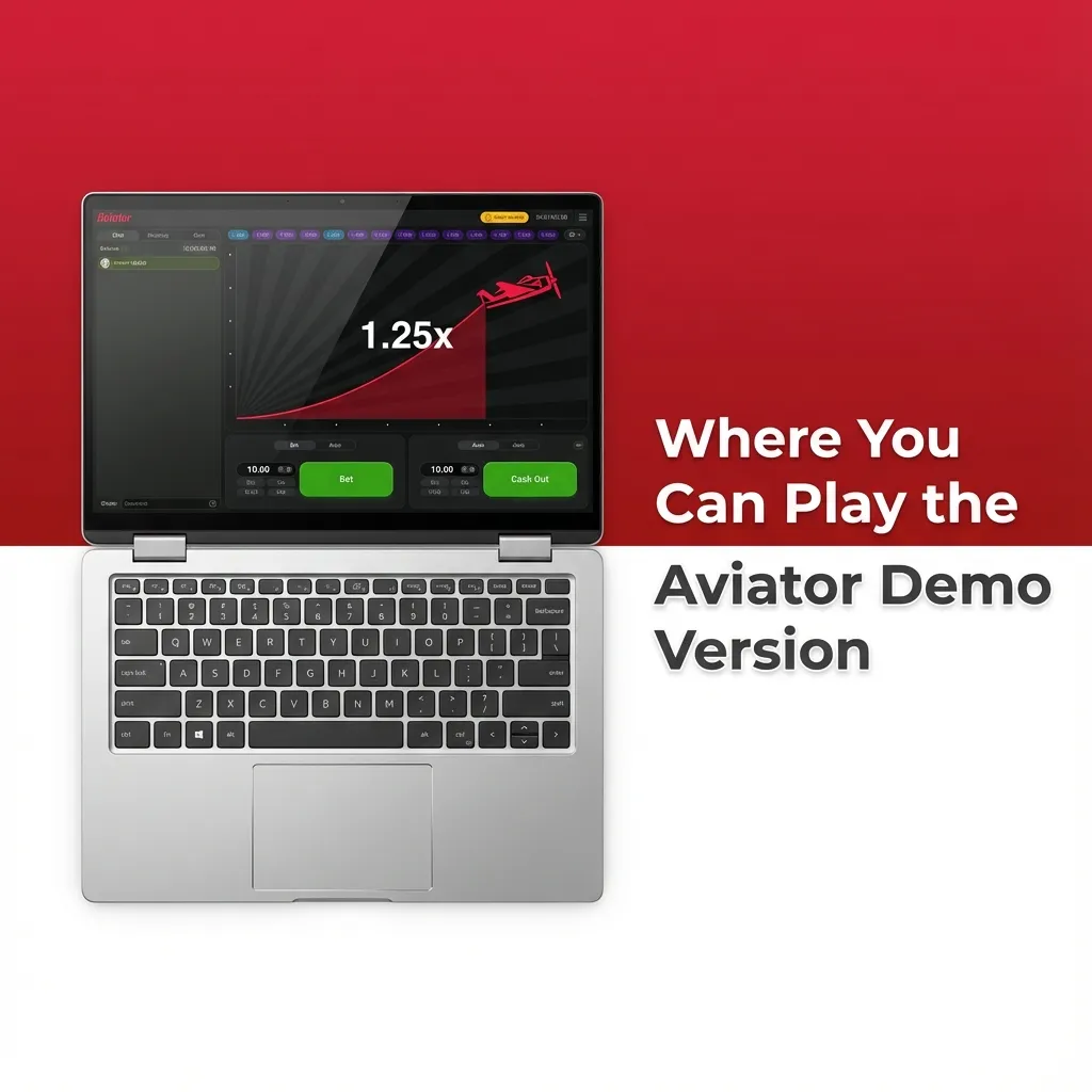 Screenshot of Aviator demo game interface open on a laptop, showing multiplier curve and bet controls