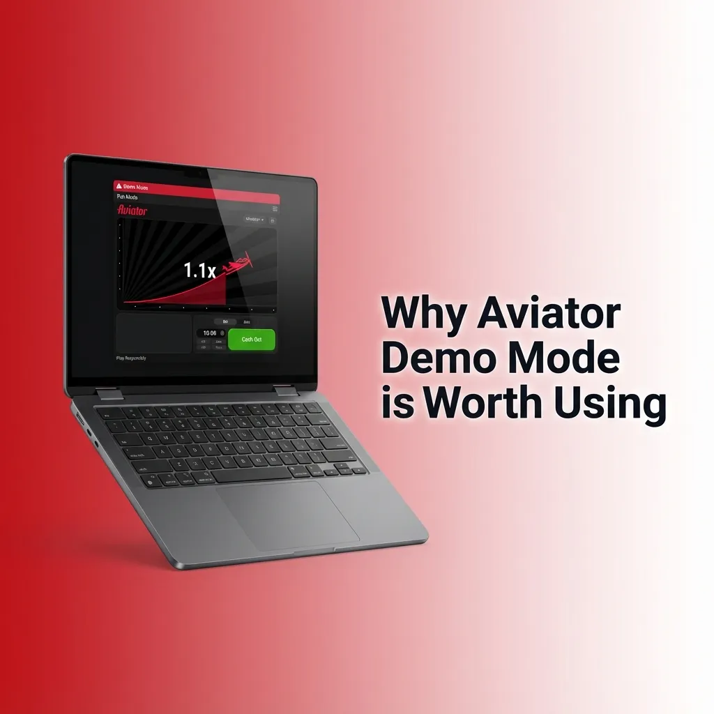 Illustration of Aviator demo mode on a casino screen, showing a rising plane, multipliers, and virtual credits instead of money